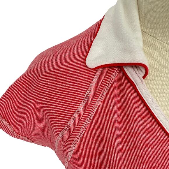 Vintage 1970sRed White Micro Stripe Collared Lido Shirt, Drawstring Crop Size L - Picture 3 of 6